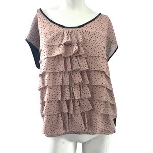 Loft Polka Dot Ruffle Blouse Top Black Trim Short Sleeve Size L Career Vacation